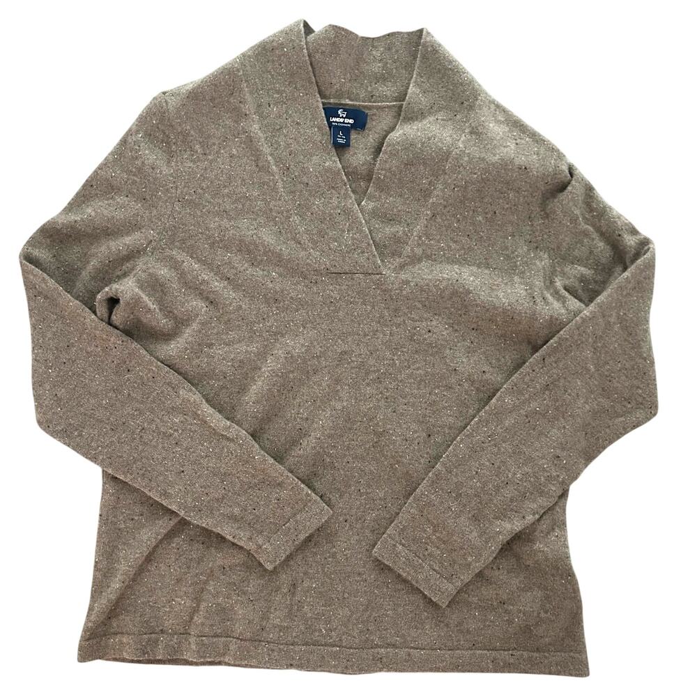 Lands' End 100% Cashmere Sweater Women's L 14-16 Oatmeal Heather Surplice V Neck